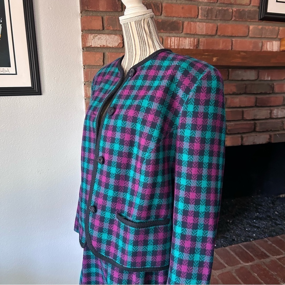 VTG Pendleton 100% Wool Plaid Skirt & Jacket Set Purple & Turquoise Sz 14W/16 - Picture 5 of 13